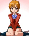  blazer blue_bow bow bowtie brown_eyes brown_hair brown_jacket futari_wa_precure isu jacket lowres misumi_nagisa pixel_art plaid precure school_uniform short_hair sitting smile solo striped striped_bow striped_neckwear verone_gakuin_school_uniform when_you_see_it 