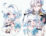  !? 1boy 1girl absurdres ahoge alternate_costume arrow_(symbol) artist_name ascot bare_shoulders black_jacket blue_bow blue_eyes blue_hair blush bow chaena_(exmd3552) character_doll closed_mouth collared_jacket diamond-shaped_pupils diamond_(shape) doll dress drop-shaped_pupils eyelashes feather_hair_ornament feathers furina_(genshin_impact) genshin_impact gold_trim hair_ornament heterochromia highres hug hugging_doll hugging_object jacket long_hair long_sleeves looking_at_another looking_at_viewer looking_down mismatched_pupils multicolored_hair neuvillette_(genshin_impact) no_headwear off-shoulder_dress off_shoulder open_clothes open_jacket open_mouth pointy_ears puffy_long_sleeves puffy_sleeves purple_eyes shirt short_hair sidelocks standing sweatdrop symbol-shaped_pupils teeth two-tone_hair upper_body white_ascot white_dress white_hair white_shirt 