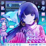  ... 2girls animification blue_background blue_eyes blue_hair blunt_bangs closed_mouth commentary daoko desktop dolphin earrings english_commentary hands_up highres icon_(computing) jewelry kiato long_hair long_sleeves looking_at_viewer monitor multiple_girls pink_lips pink_sweater real_life red_nails sleeves_past_wrists smile song_name sparkle speech_bubble spoken_ellipsis sweater taskbar trash_bin twintails user_interface window_(computing) 