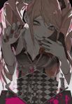  1boy 4girls bishop_(chess) black_pants blonde_hair board_game character_request chess chess_piece climbing_ladder danganronpa:_trigger_happy_havoc danganronpa_(series) enoshima_junko highres king_(chess) kiyoshi_st knight_(chess) ladder looking_down multiple_girls pants pawn_(chess) perspective pink_liquid red_nails red_skirt school_uniform shirt skirt white_shirt 