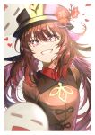  1girl absurdres black_headwear boo_tao_(genshin_impact) border bright_pupils brown_coat brown_hair coat flower flower-shaped_pupils genshin_impact ghost grin hat hat_flower heart highres hu_tao_(genshin_impact) light_blush long_hair looking_at_viewer red_eyes red_flower smile solo symbol-shaped_pupils tassel toki_(asunan6618) twintails upper_body white_border white_pupils 