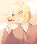 1girl asage_(attyuuu3) blonde_hair blush brown_cardigan cardigan collared_shirt crepe don_quixote_(project_moon) food holding holding_food limbus_company long_sleeves open_mouth project_moon shirt short_hair smile solo sparkling_eyes white_shirt yellow_eyes 