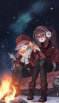  +_+ 2girls absurdres brown_hair bug butterfly campfire camping coat cup gengetuhime genshin_impact highres hu_tao_(genshin_impact) multiple_girls night night_sky open_mouth pink_hair scarf sky smile snow snowing teacup white_scarf winter_clothes winter_coat yanfei_(genshin_impact) 