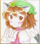  1girl animal_ear_piercing animal_ears blush bow bowtie brown_eyes brown_hair cat_ears cat_tail chen closed_mouth commentary_request double-parted_bangs earrings ellipsis_(mitei) fingernails from_side gold_trim green_headwear hair_between_eyes hand_up hat highres jewelry long_sleeves looking_at_viewer mob_cap multiple_tails nekomata sharp_fingernails shikishi short_hair simple_background single_earring smile solo split_mouth tail touhou traditional_media two_tails upper_body white_background white_bow white_bowtie 