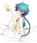  :d :o aladdin_(magi) barefoot blue_eyes blue_hair braid bug butterfly clenched_hand flute insect instrument long_hair magi_the_labyrinth_of_magic male_focus mizuki_makoto open_mouth single_braid sitting smile solo 