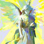  1girl 1other abstract abstract_background angel angel_wings art_study closed_eyes colorful commentary dress english_commentary faux_traditional_media feathered_wings gun highres marble_(stone) multicolored_background original shirt short_hair short_sleeves sketch solo statue upper_body weapon white_hair wings yellow_background yellow_theme yuming_li 