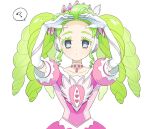  1girl ? arms_up choker closed_mouth colored_eyelashes commentary_request dress elbow_gloves expressionless falulu forehead gloves green_hair grey_eyes headphones holding holding_hair long_hair looking_at_viewer moudoku_(decopon3rd) pink_dress pretty_series pripara sidelocks simple_background solo speech_bubble spoken_question_mark tiara twintails very_long_hair white_background white_choker white_gloves 