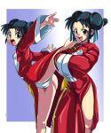  1girl black_eyes black_hair blue_background border cameltoe china_dress chinese_clothes double_bun dress fang hair_bun hands_in_opposite_sleeves highres kanriken long_sleeves looking_at_viewer open_mouth original outside_border panties red_dress side_slit sidelocks solo standing standing_on_one_leg underwear white_border white_panties 