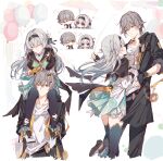  1boy 1girl balloon black_capelet black_hairband black_ribbon caelus_(honkai:_star_rail) capelet closed_eyes closed_mouth crossed_bangs dress facing_another firefly_(honkai:_star_rail) grey_hair hair_between_eyes hair_ribbon hairband high_heels highres holding holding_balloon honkai:_star_rail honkai_(series) long_hair long_sleeves looking_at_another multiple_views ribbon simple_background sitting sitting_on_person smile standing standing_on_one_leg trailblazer_(honkai:_star_rail) white_dress white_footwear yajuu 