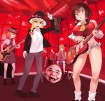  4girls alice_margatroid ascot bass_guitar bikini bikini_bottom_only black_headwear black_jacket blazer blonde_hair bow braid breasts brown_hair brown_horns brown_pants capelet closed_eyes collared_shirt commentary_request cookie_(touhou) detached_sleeves dress drum drum_set electric_guitar fedora frilled_hair_tubes frilled_hat frills full_body grey_dress guitar hair_between_eyes hair_bow hair_tubes hakurei_reimu hat hat_bow highres hinase_(cookie) horns ibuki_suika indoors instrument jacket kirisame_marisa large_breasts long_hair looking_at_viewer medium_bangs multiple_girls music navel necktie nona_reeves open_mouth orange_hair pants pink_bow playing_instrument red_bow red_eyes red_necktie red_sash red_shirt reu_(cookie) sash satodesu_cookie shirt short_hair side_braid sidelocks single_braid sitting sleeveless sleeveless_shirt small_breasts smile stage standing swimsuit t-shirt touhou uzuki_(cookie) white_bikini white_capelet white_shirt white_sleeves witch_hat yamin_(cookie) yellow_ascot 