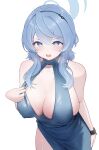  1girl :o absurdres ako_(blue_archive) ako_(dress)_(blue_archive) blue_archive blue_dress blue_eyes blue_hair blush breasts covered_nipples cuffs dress evening_gown halo highres large_breasts looking_at_viewer norato official_alternate_costume shackles simple_background skindentation solo sweat white_background 