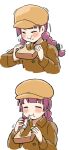  1girl alcohol alcohol_carton black_bow black_nails blush bocchi_the_rock! bow braid bread brown_coat brown_headwear carton closed_eyes coat eating food hair_bow hat hiroi_kikuri long_hair purple_hair sake tenkuu_no_shiro_laputa torako_(toramaru) twin_braids upper_body 