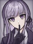  1girl artist_name black_gloves black_jacket black_ribbon blunt_bangs collared_shirt danganronpa:_trigger_happy_havoc danganronpa_(series) gloves hair_ribbon hand_up highres hoshi_no_shizuku jacket kirigiri_kyoko long_hair open_clothes open_jacket pink_background pink_eyes pink_hair ribbon shirt simple_background solo white_shirt 