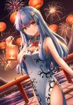  1girl absurdres architecture bare_shoulders blue_hair bow breasts china_dress chinese_clothes chinese_new_year cleavage cleavage_cutout clothing_cutout dress dusk east_asian_architecture fireworks food fruit hair_ornament highres hinanawi_tenshi holding holding_lantern kuneamorai lake lantern long_hair looking_at_viewer mountain outdoors paper_lantern peach rainbow_order red_bow red_eyes scenery side_slit sky sleeveless smile solo touhou white_dress 