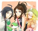  2girls ^_^ ahoge bad_id bad_pixiv_id bel_(pokemon) black_eyes black_hair blonde_hair blue_eyes blush brown_hair cheren_(pokemon) closed_eyes copyright_name gen_5_pokemon glasses hat headwear_removed looking_at_viewer multiple_girls munna muyimuyi open_mouth pokemon pokemon_(creature) pokemon_(game) pokemon_bw pokemon_bw2 smile snivy touko_(pokemon) waving 