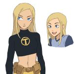  1girl animification belt blonde_hair blue_eyes bodysuit breasts cleavage commentary dc_comics english_commentary highres jenxd_d long_hair medium_breasts midriff navel simple_background smile solo teen_titans terra_(dc) utility_belt 