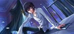  1boy arm_on_knee arm_support artist_request black_hair black_pants blurry blurry_background book bookmark buttons closed_mouth code_geass code_geass:_lost_stories collarbone collared_shirt curtains depth_of_field dutch_angle falling_petals game_cg hair_between_eyes half-closed_eyes happy highres holding holding_book indoors knee_up leaning_to_the_side lelouch_vi_britannia long_sleeves looking_at_viewer male_focus night non-web_source official_art on_bed pants pectoral_cleavage pectorals petals purple_eyes shirt short_hair sidelocks sitting smile solo white_shirt window 