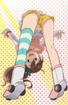 bent_over brown_hair butterfly_hair_ornament chousoku_henkei_gyrozetter from_behind from_below hair_ornament inaba_rinne shorts side_ponytail single_thighhigh solo thighhighs wakusei_hakai_otoko 