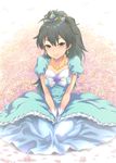  black_hair blue_eyes blush collarbone don_michael dress earrings flower ganaha_hibiki gloves idolmaster idolmaster_(classic) jewelry long_hair looking_at_viewer necklace ponytail sitting smile solo tiara v_arms white_gloves 