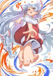  1girl barefoot bow feet from_above fujiwara_no_mokou hair_bow highres long_hair long_sleeves looking_at_viewer multiple_hair_bows overalls red_eyes red_overalls shirt sobayu_to_tenpura solo toes tongue tongue_out touhou v very_long_hair white_background white_bow white_shirt 