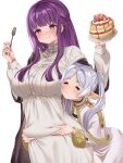  2girls absurdres belly_grab bent_over blunt_bangs blush breasts buttons cake closed_eyes commentary_request cowboy_shot dress eating elf expressionless fern_(sousou_no_frieren) food food_on_face fork frieren highres holding holding_food holding_fork jewelry large_breasts long_hair long_pointy_ears long_sleeves mm_(m2) multiple_girls plate plump pointy_ears pout purple_eyes purple_hair simple_background sousou_no_frieren standing strawberry_shortcake twintails weight_conscious white_background white_dress white_hair 