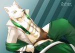  8pack abs anthro bandage belt biceps big_muscles bulge canine clothing dog fur invalid_color jacket looking_at_viewer male mammal muscles necktie open_shirt pants pants_down pecs pose presenting shirt solo speedo suit swimsuit undressing white_fur yellow_eyes zohar zoharwolf 