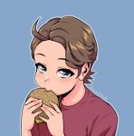  1boy animification artist_name blue_background blue_eyes brown_hair burger cheese eating english_commentary food highres holding holding_food jerma985_(person) light_blush male_focus real_life red_shirt rkgkrabu shirt simple_background solo t-shirt 