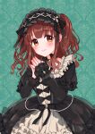  1girl absurdres alternate_costume black_dress black_hairband blush brown_hair chiaki1126iove dress fingernails frilled_hairband frills gothic_lolita hairband highres idolmaster idolmaster_cinderella_girls lolita_fashion looking_at_viewer ogata_chieri own_hands_together patterned_background smile solo two_side_up 