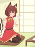  1girl :o adapted_costume animal_ear_fluff animal_ears bare_shoulders black_thighhighs bow bowtie breasts brown_eyes brown_hair cat_ears cat_tail chen commentary_request double-parted_bangs garter_straps gloves hand_up highres indoors light_blush looking_at_viewer multiple_tails nekomata no_headwear open_mouth pillow seiza short_hair sitting small_breasts solo table tail textless_version thighhighs touhou two_tails vallneko white_gloves yellow_bow yellow_bowtie 