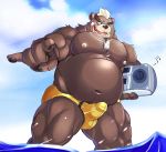  ashigara beach belly big_belly bulge clothing erection gohgw1 jewelry male mammal mohawk musclegut necklace nipples pecs seaside slightly_chubby solo speedo stereo swimsuit tenting thick_thighs tokyo_afterschool_summoners ursine 
