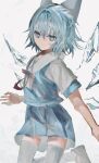  1girl amagi_xx blue_bow blue_dress blue_eyes blue_hair bow cirno collared_shirt detached_wings dress fairy fairy_wings hair_bow highres ice ice_wings jumping shirt solo touhou wings 