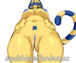 animal_crossing ankha_(animal_crossing) anthro areola black_eyes blue_areola blue_body blue_fur blue_hair blue_nipples blue_pubes breasts butt_from_the_front domestic_cat eyelashes felid feline felis female fur genitals hair looking_at_viewer low-angle_view mammal markings navel nintendo nipples nude pubes pussy simple_background solo squishhee striped_markings striped_tail stripes tail tail_markings thick_thighs white_background wide_hips worm&#039;s-eye_view yellow_body yellow_fur