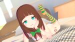  3d bikini blue_eyes bow bowtie brown_hair dolutz hand_on_own_face nijiue_iroha on_bed striped_clothes striped_thighhighs super_danganronpa_another_2 swimsuit thighhighs 