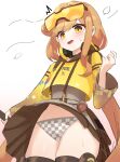  absurdres black_survival blonde_hair blush clothes_lift embarrassed erinaka0413 eternal_return:_black_survival hair_bun highres long_hair official_alternate_costume panties single_hair_bun skirt skirt_lift tia_(black_survival) underwear yellow_eyes 