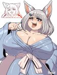 animal_humanoid asian_clothing big_breasts blue_eyes blush breasts canid canid_humanoid canine canine_humanoid cleavage clothed clothing east_asian_clothing female fox_humanoid hair hi_res huge_breasts humanoid japanese_clothing kimono komenuka_inaho mammal mammal_humanoid medium_hair open_mouth silver_hair simple_background smile solo tongue tongue_out upper_body white_background