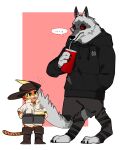 alternate_costume anthro beverage boots canid canine canis claws clothing container cup death_(puss_in_boots) domestic_cat dreamworks drinking duo facial_markings felid feline felis food footwear fur go_od8 green_eyes hand_in_pocket hat head_markings headgear headwear hi_res holding_food holding_object hoodie looking_at_another male mammal markings mask_(marking) open_mouth orange_body orange_fur pockets popcorn puss_in_boots_(character) puss_in_boots_(dreamworks) red_eyes shirt simple_background size_difference smile standing tabby_cat topwear whiskers white_body white_fur wolf