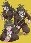  1boy :d bag barefoot brown_hair brown_jacket brown_pants collared_shirt danganronpa_(series) danganronpa_v3:_killing_harmony glasses gokuhara_gonta jacket long_hair male_focus messy_hair multiple_views necktie orange_background pants shiba_ko shirt shoulder_bag simple_background smile sweatdrop teeth white_shirt yellow_necktie 