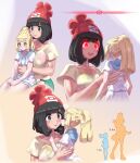  2girls beanie black_eyes black_hair blonde_hair collarbone commentary_request giant giantess glowing glowing_eyes green_eyes green_shorts hat heart height_difference highres kiss kissing_cheek lillie_(pokemon) long_hair looking_at_another looking_at_viewer mizuumi_(bb) multiple_girls pokemon pokemon_sm print_shirt red_eyes red_headwear selene_(pokemon) shirt short_hair short_sleeves shorts skirt smile white_shirt white_skirt yellow_shirt yuri 