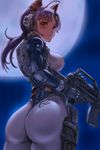  ahoge animal_ears ass assault_rifle bodysuit breasts cat_ears catsuit gun headset highres holding long_hair mechanical_arm medium_breasts original ponytail purple_hair rasukaru red_eyes rifle solo weapon 