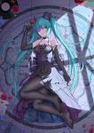  aqua_eyes aqua_hair back_bow black_dress black_gloves black_pantyhose bow breasts commentary dress elbow_gloves flan_(seeyouflan) flower flower_over_eye full_body gloves hat hatsune_miku highres long_hair looking_at_viewer lying medium_breasts mini_hat mini_top_hat no_shoes on_floor one_eye_closed pantyhose parted_lips record red_flower red_rose rose sleeveless sleeveless_dress star_(symbol) star_print top_hat twintails very_long_hair vocaloid 