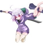  ahoge alternate_color alternate_costume alternate_hair_color bike_shorts dual_wielding highres holding hood hoodie knife linne multicolored_hair pink_hair red_eyes reverse_grip short_hair solo sword thighhighs two-tone_hair under_night_in-birth weapon white_hair ykakuno 