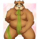 1:1 anthro asian_clothing bandage bear belly blush bodily_fluids brown_body brown_fur clothing east_asian_clothing embarrassed eyebrows eyewear fundoshi fur glasses hi_res japanese_clothing lifewonders male mammal moobs nude overweight solo sweat thick_eyebrows tokyo_afterschool_summoners tying_fundoshi underwear volos yaki_atsuage