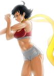  abs ahoge bad_id bad_pixiv_id black_hair boyshorts breasts choker colorized cowboy_shot finalcake from_side makoto_(street_fighter) medium_breasts midriff navel ribbon_choker short_hair solo sports_bra street_fighter street_fighter_iii_(series) street_fighter_iv_(series) stretch toned underwear underwear_only 