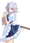  1girl blue_eyes braid cleaning clothes_lift commentary_request dress dress_lift grey_hair highres ichimura_kanata izayoi_sakuya looking_back maid_headdress plate short_hair side_braids simple_background solo standing touhou towel twin_braids white_background 