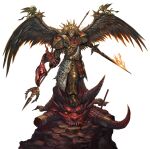  1boy absurdres angel_wings armor banner blade_encarmine blonde_hair blood_angels broken_horns chaos_(warhammer) cherub demon demon_horns eyes_of_horus_(warhammer_40k) fire flaming_sword flaming_weapon gem glowing glowing_eyes gold gold_armor halo highres holding holding_weapon horns kheljay leopard_pelt long_hair mask multiple_horns no_pupils one-eyed ornate ornate_armor ornate_weapon pauldrons power_armor primarch red_eyes red_gemstone sanguinius sharp_teeth shoulder_armor simple_background spear_of_telesto sword teardrop-shaped_gem teeth warhammer_40k weapon white_background wings yellow_eyes 