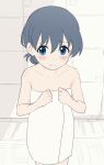  1girl animated animated_gif armpit_crease blue_eyes blue_hair blush breasts collarbone commentary cowboy_shot dot_nose groin hair_between_eyes highres idoly_pride long_hair looking_at_viewer medium_breasts naked_towel navel nipples okuyama_sumire open_mouth open_towel opened_by_self paid_reward_available ponytail sincos smile solo standing thigh_gap towel undressing 