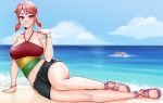  1girl arm_support bangle bare_legs bare_shoulders beach blue_sky blush bracelet breasts brown_eyes closed_mouth cloud cloudy_sky collarbone commentary crop_top day english_commentary full_body hand_up highres horizon jewelry large_breasts log_pose looking_at_viewer low_twintails midriff nami_(one_piece) navel ocean official_alternate_costume official_alternate_hairstyle one_piece one_piece:_strong_world orange_hair outdoors pink_footwear pink_nails sand sandals short_hair short_shorts shorts shoulder_tattoo single_sidelock sitting sky smile solo sweatdrop tattoo toes triomegis twintails twitter_username yokozuwari 