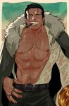  1boy abs bara bare_pectorals black_hair cigar coat coat_on_shoulders cowboy_shot crocodile_(one_piece) dark-skinned_male dark_skin earrings fur-trimmed_coat fur_trim hair_slicked_back hand_on_own_hip highres jewelry kiito_(kiitoillust) large_pectorals looking_to_the_side loose_hair_strand male_focus mature_male mouth_hold multiple_rings muscular muscular_male navel_hair nipples one_piece pectorals ring shirt short_hair solo sparse_chest_hair stitched_face stitches wet wet_clothes wet_shirt 