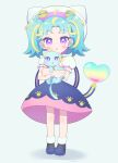  1girl :o absurdres aged_down ahoge animal animal_hat blonde_hair blue_hair blue_skirt cat cat_day cat_hat commentary_request dual_persona full_body grey_background hat heart highres holding holding_animal holding_cat long_hair looking_at_viewer momokan_(mmkn100) multicolored_hair myamu myamu_(cat) open_mouth paw_print pretty_series purple_eyes shirt shoes simple_background skirt solo standing streaked_hair twintails waccha_primagi! white_shirt 