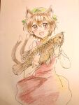  1girl :d animal animal_ear_fluff animal_ears blush brown_eyes brown_hair cat_ears cat_tail chen colored_pencil_(medium) commentary_request cowboy_shot double-parted_bangs dress fish frills green_headwear hair_between_eyes happy hat holding holding_animal holding_fish juliet_sleeves long_sleeves looking_at_viewer mob_cap multiple_tails nekomata open_mouth orya_422 puffy_sleeves red_dress short_hair simple_background smile solo tail touhou traditional_media two_tails 